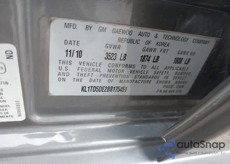 2011 Chevrolet Aveo 1Lt из США, поврежденный, VIN KL1TD5DE2BB175451